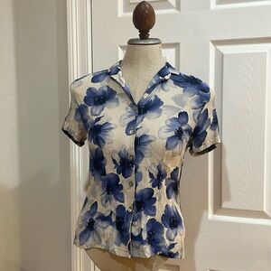 Vintage Valerie Stevens short sleeve floral button down shirt blue white size PS